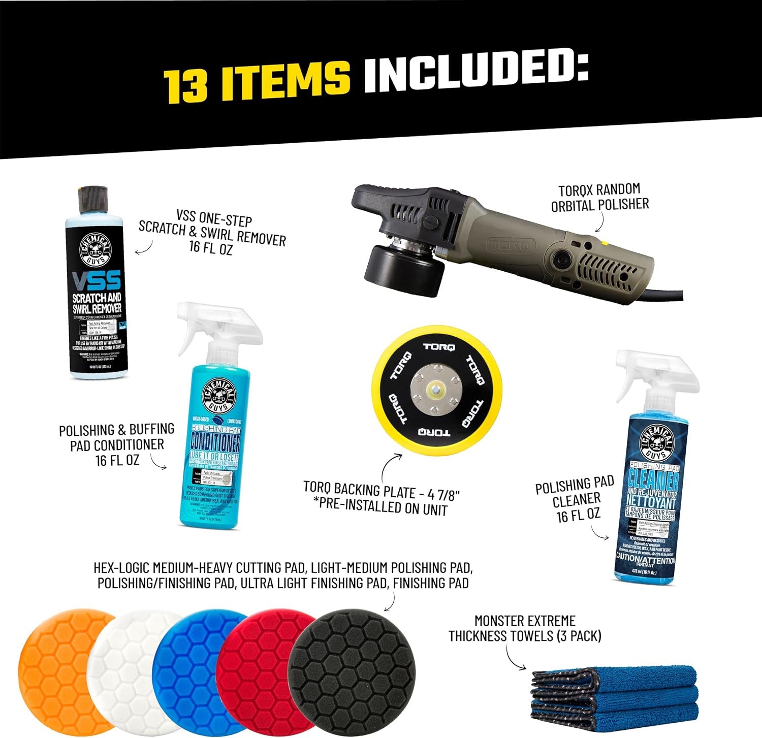 Detalle 2 de Chemical Guys TORQX Random Orbital Polisher Complete Car Detailing Kit (12-Piece)