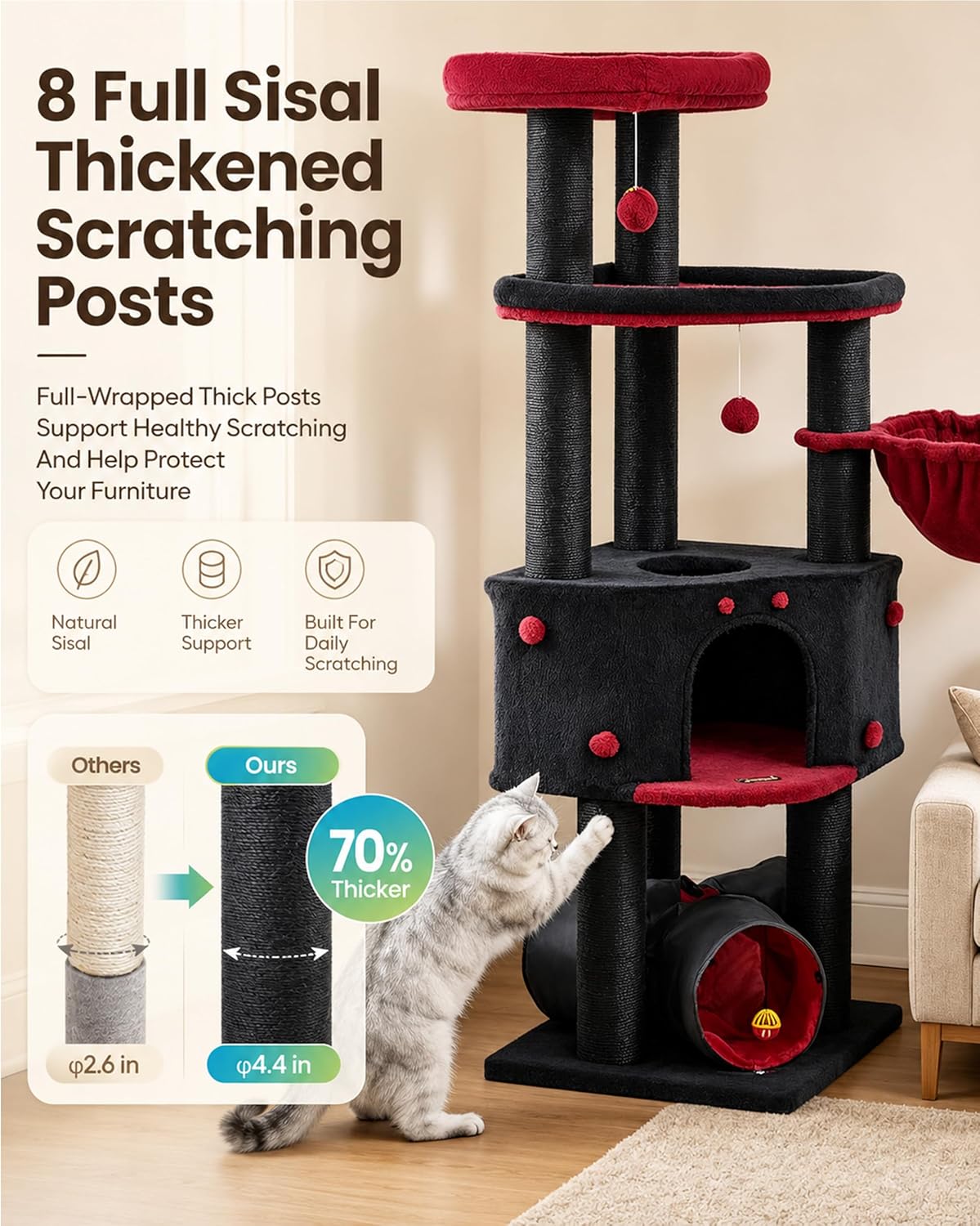 Detalle 2 de Cat Tree Tower for Large Cats Adult - 60 Inch XXL Heavy Duty, Extra Wide Scratching Posts, Condo & Hammock Perch