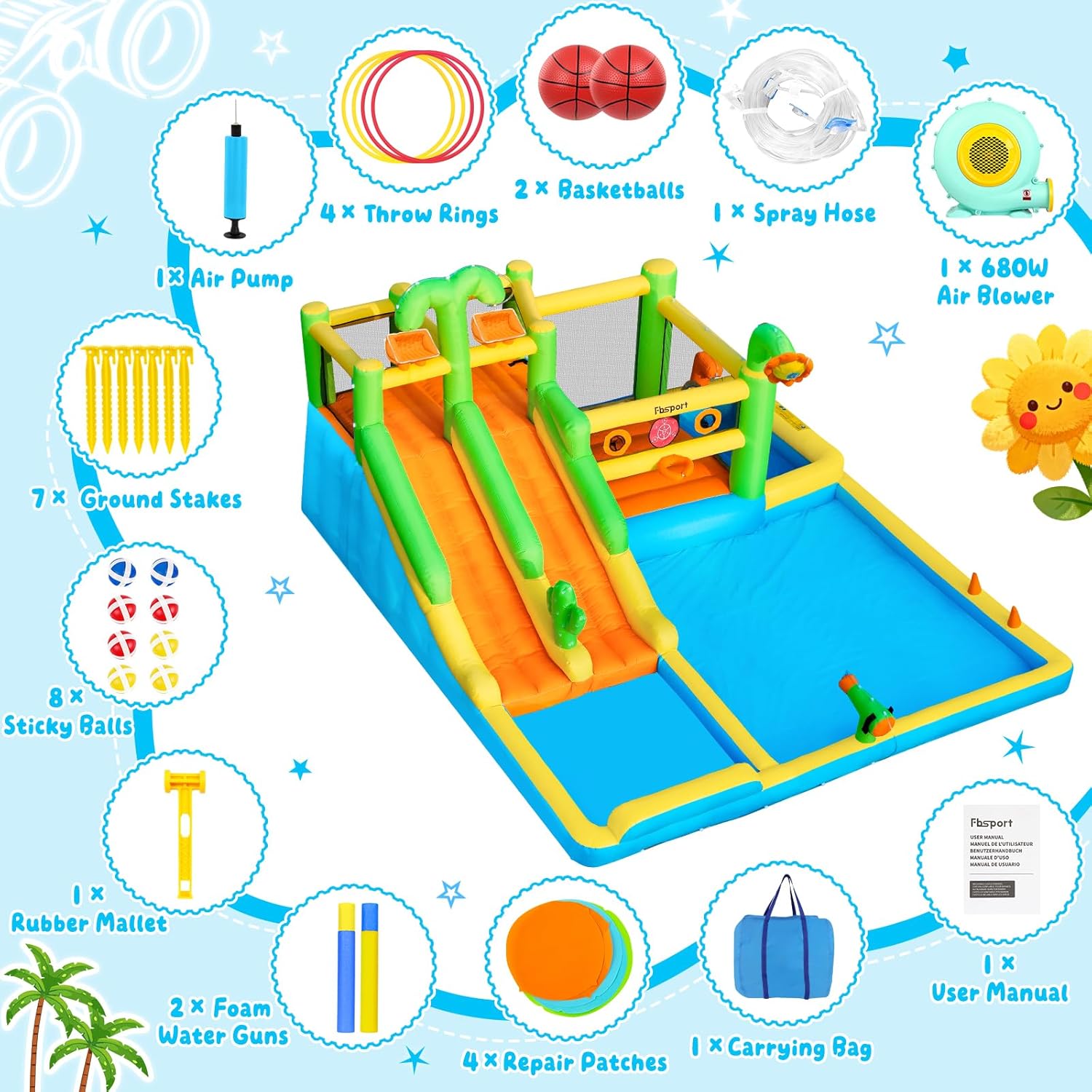 Detalle de FBSPORT Inflatable Bounce House Double Water Slide with Splash Pool and 750W Blower