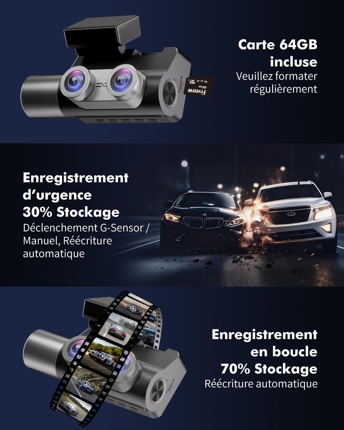 Detalle 2 de Frvesroe V1 dashcam 3 canaux 64 Go