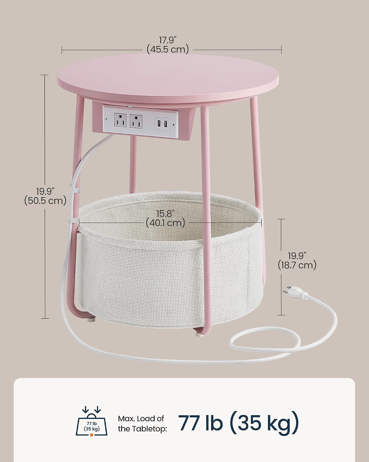 Detalle de SONGMIC HOME Round Side Table, Pink and White