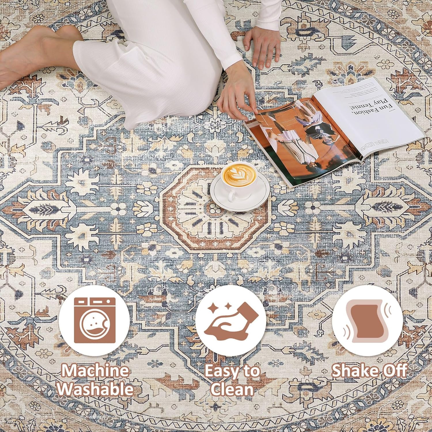 Thumbnail 1 de Round Rug Living Room Rugs: 6Ft Washable Boho Neutral Circle — 0.25" Pile with Rubber Backing