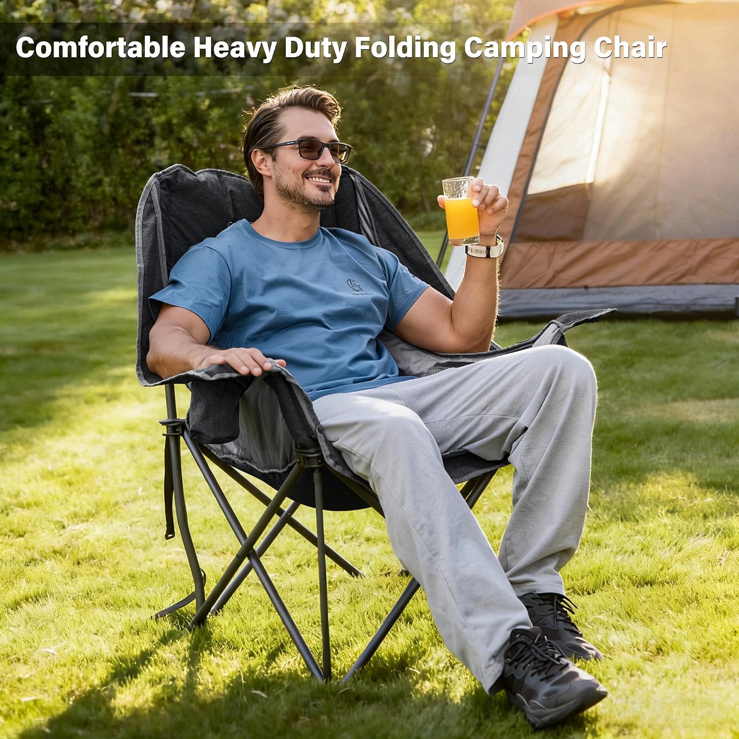 Thumbnail 3 de RELAX FIELD Set of 2 Oversized Camping Chairs for Adults – Heavy Duty, 200kg Capacity, Cup Holder & Cooler Bag (Grey)