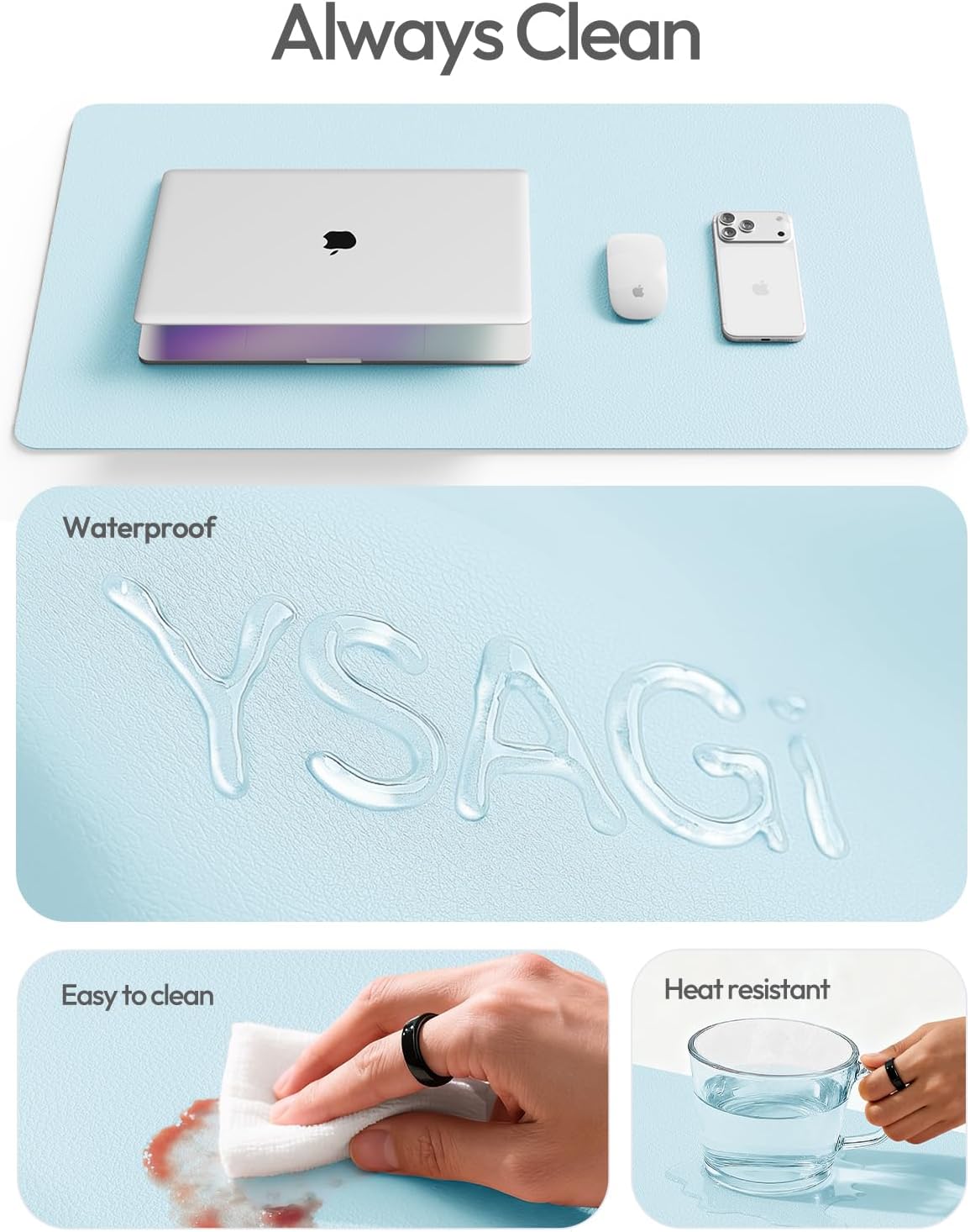 Thumbnail 6 de YSAGi 40" x 24" PU Leather Desk Mat, Waterproof, Baby Blue