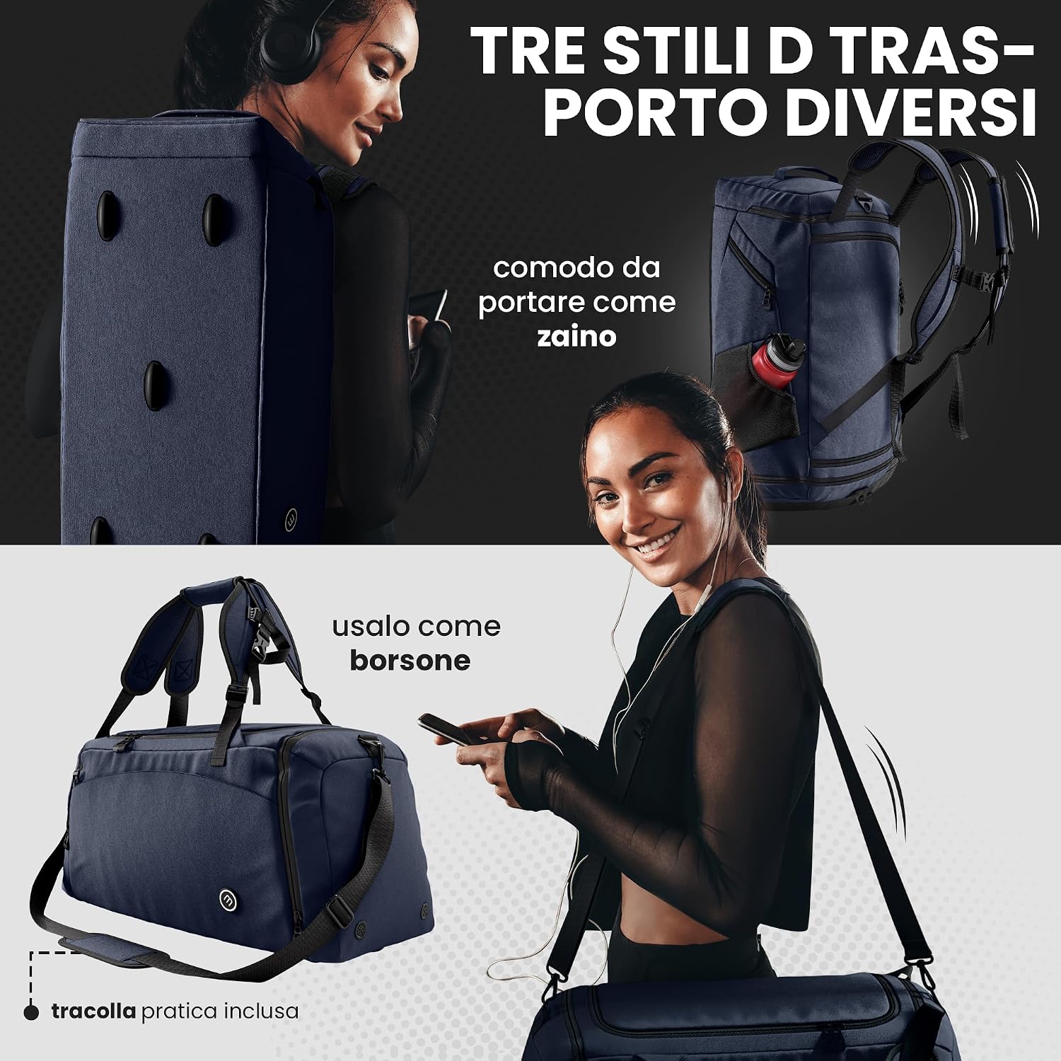 Thumbnail 3 de bemaxx Borsone Palestra Uomo Donna 60L/40L con funzione zaino e comparti: scarpe, bagnato e molto altro
