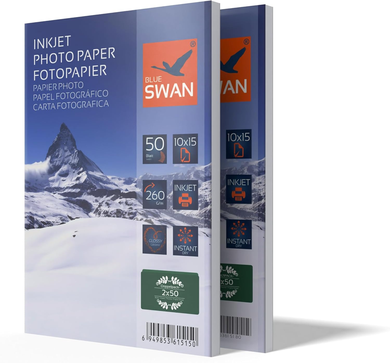 BLUE SWAN Carta Fotografica Lucida 10×15 cm, 260 g/m² – 100 fogli (2×50) a asciugatura rapida