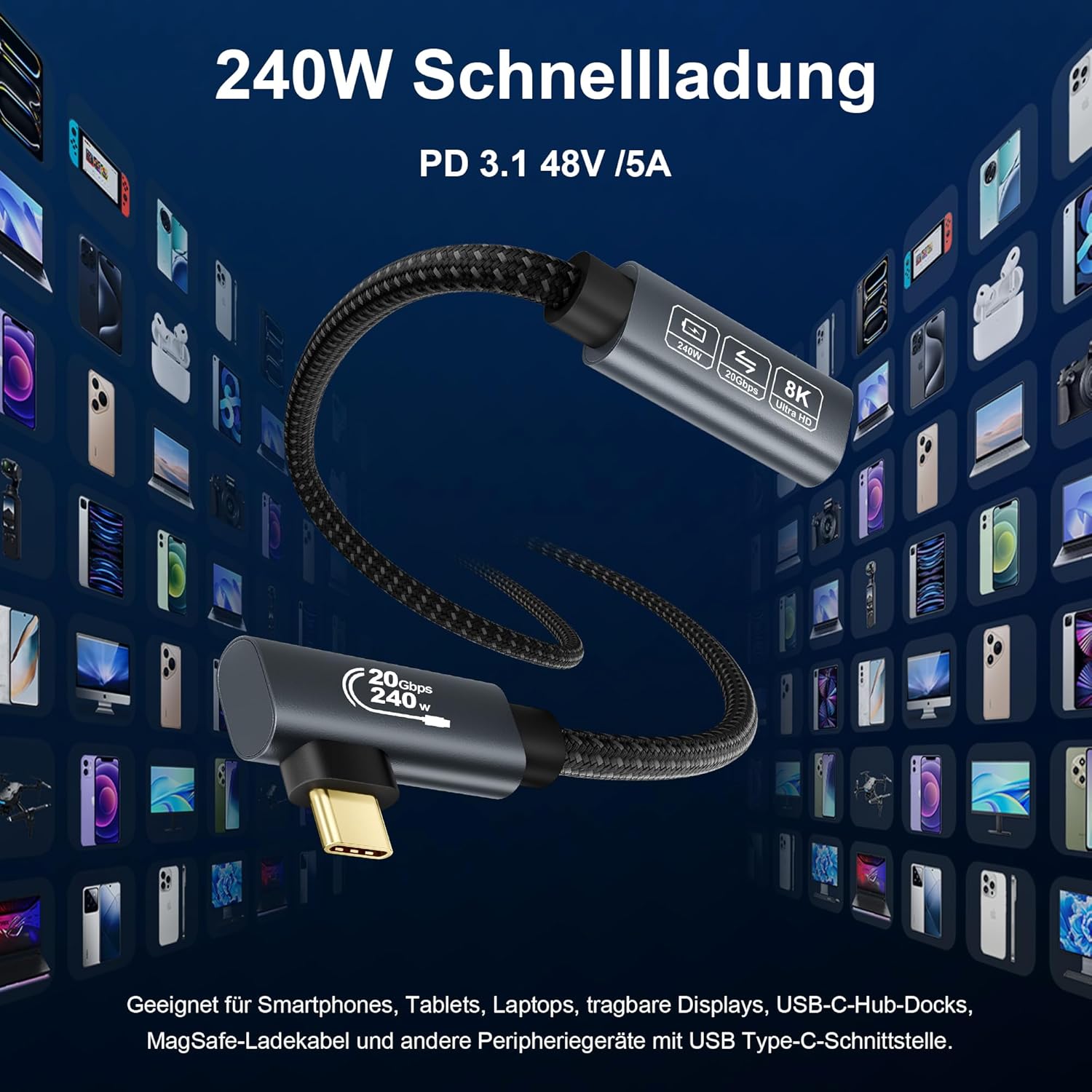 Thumbnail 3 de EUDOBEL 240W USB‑C Verlängerung 0,5 m mit 90° Winkel (USB‑C 3.2 Gen 2×2, bis 20 Gbit/s, 8K@30 Hz)