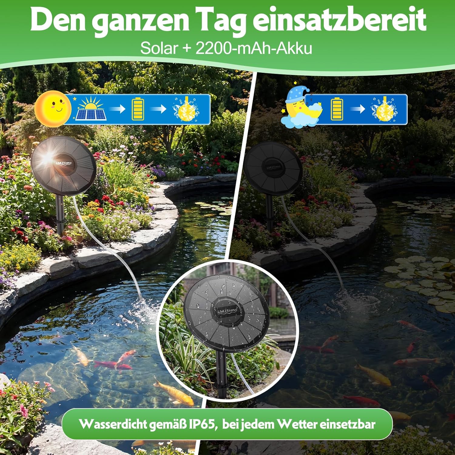 Thumbnail 1 de AMZtime Solar Sauerstoffpumpe für Gartenteich – Solar Teichbelüfter mit 2200 mAh Akku