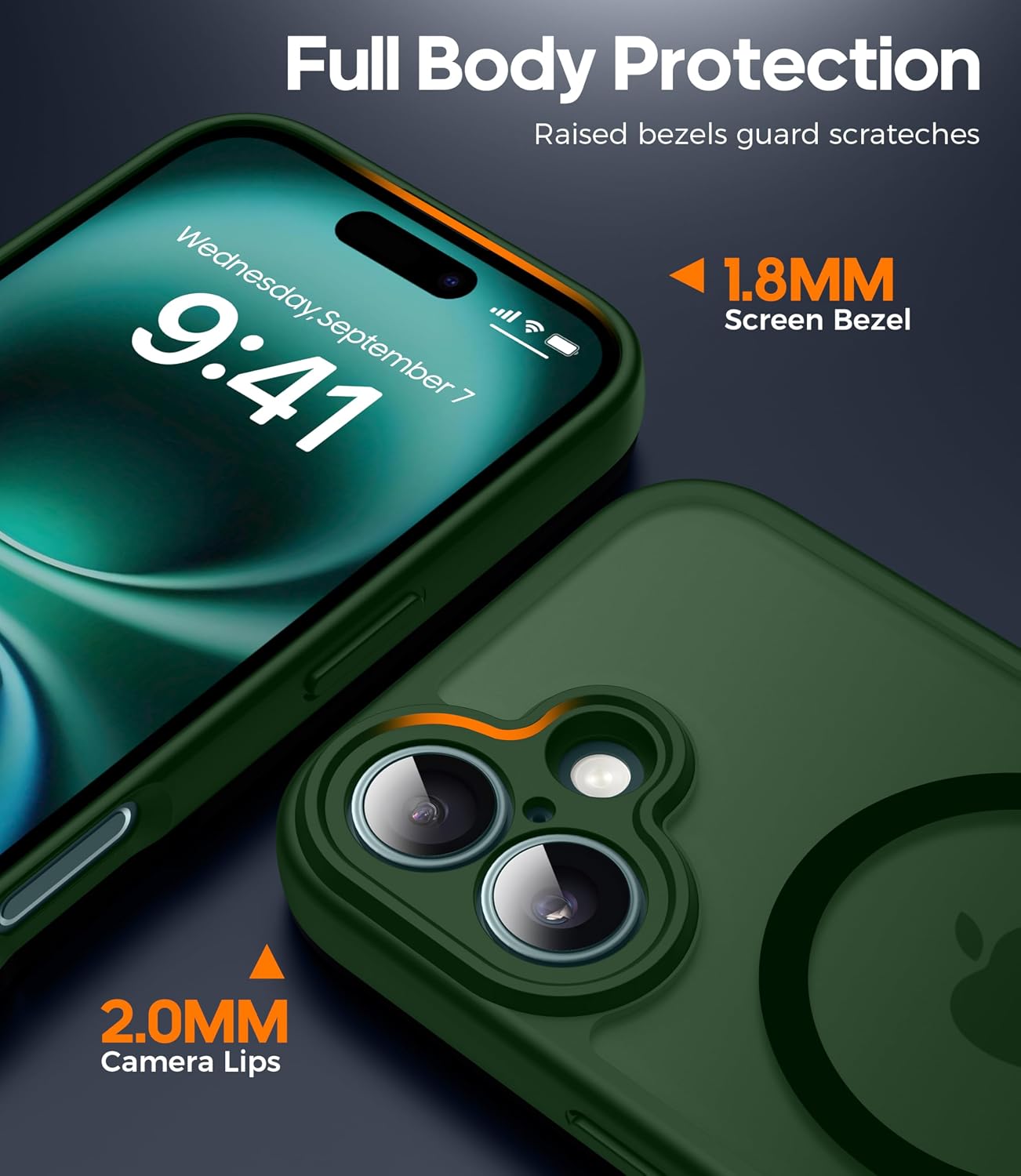 Detalle de FLLAO for iPhone 16 Case with Mag-safe and 2x Glass Screen Protector – Slim Green Bumper