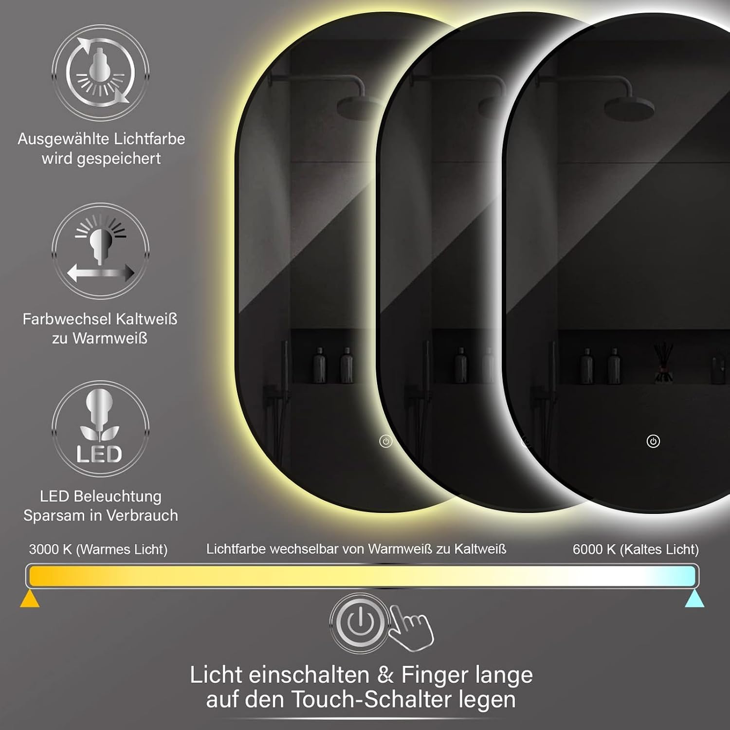 Detalle de ApeJoy Specchio da bagno ovale a LED 45x75 cm con cornice in metallo nero opaco