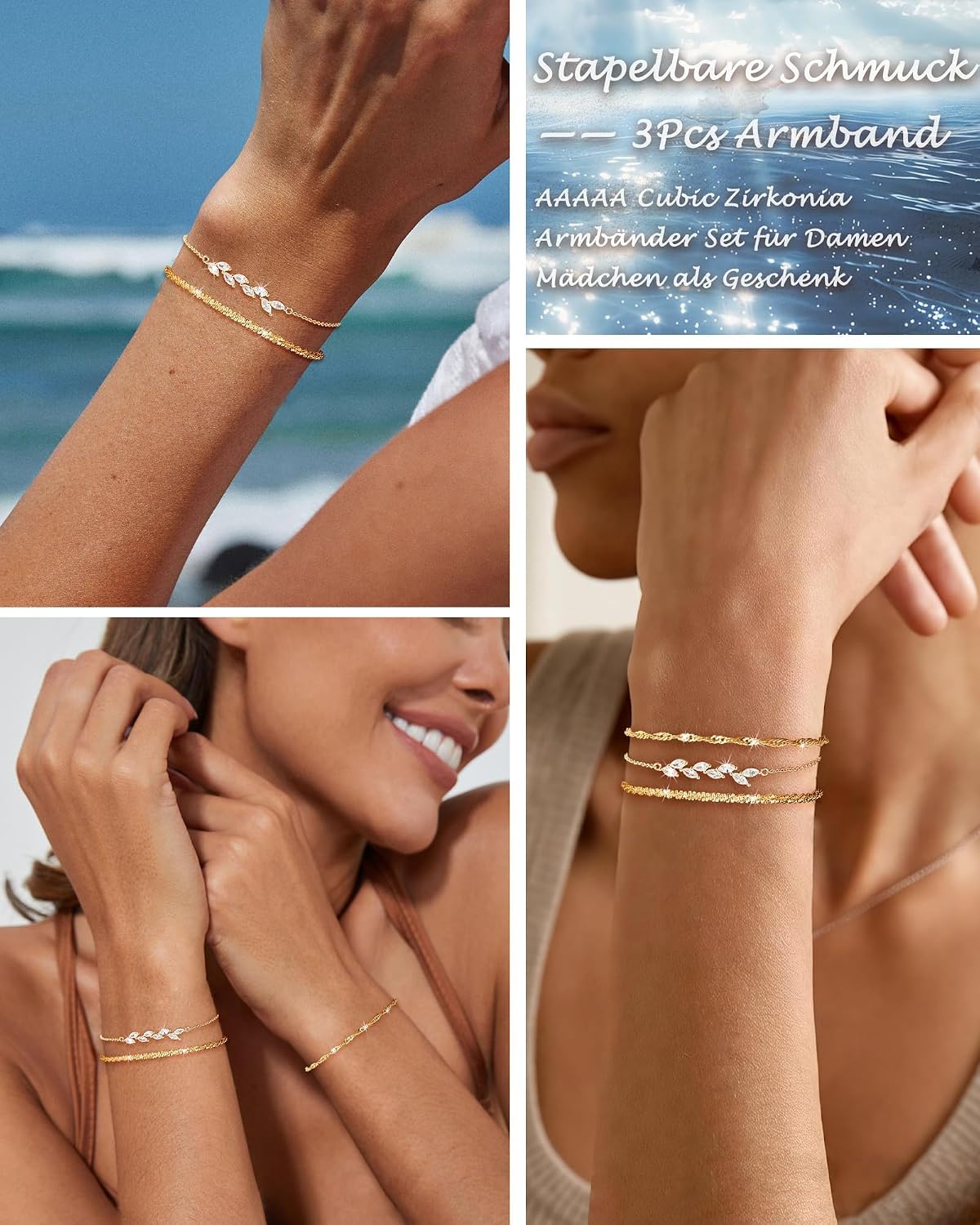 Thumbnail 3 de Aidenn 3er Set Armbänder aus 925 Sterlingsilber mit Zirkonia – stapelbar & verstellbar