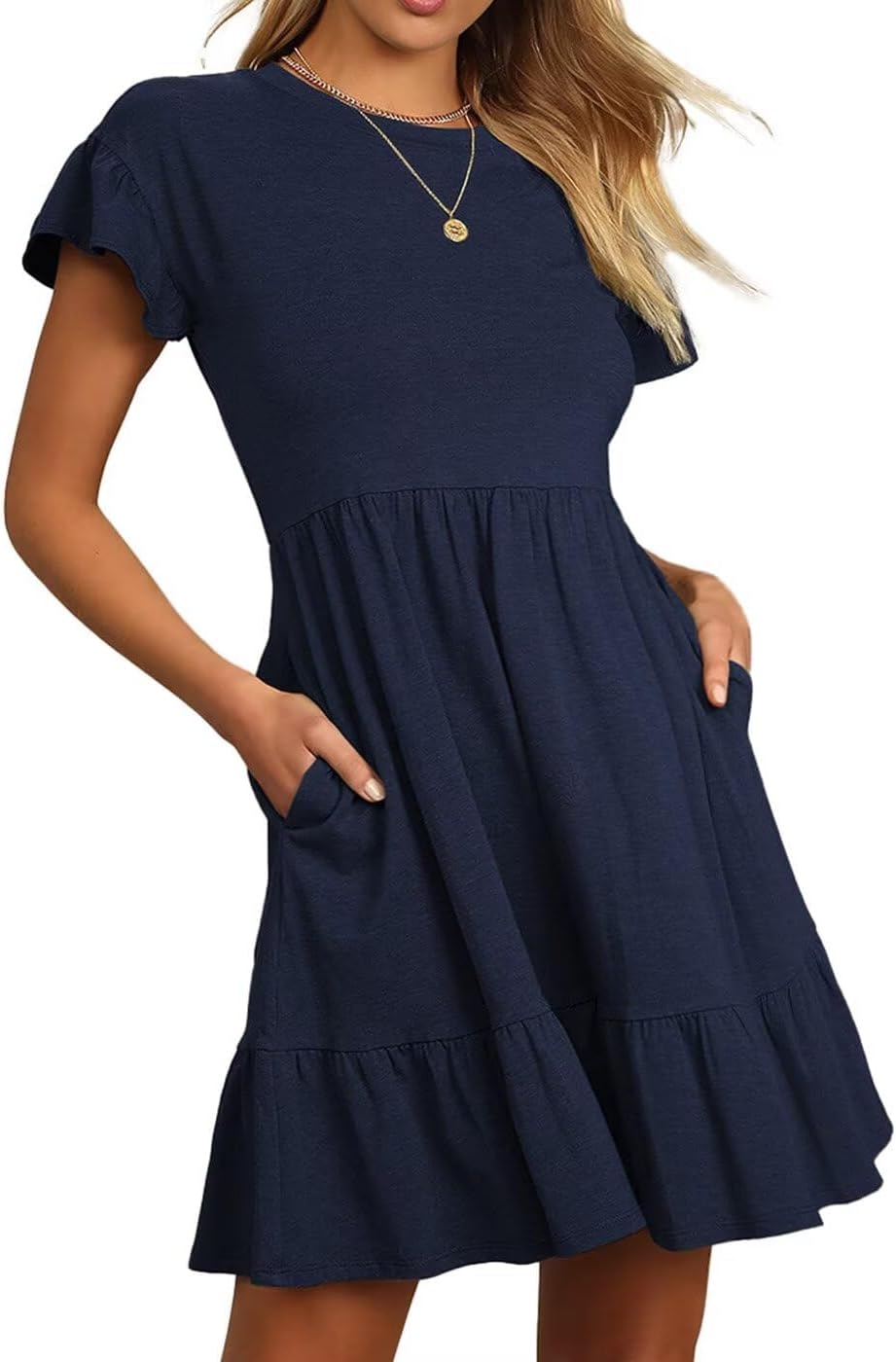 Detalle 2 de LEEDYA Summer Dress for Women – Crew Neck A-Line Midi with Pockets