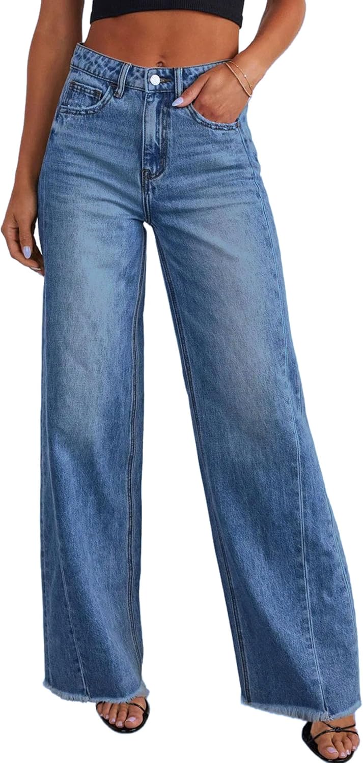 Detalle de PRETTYGARDEN Women's Wide-Leg Jeans with Stretch, High Waist and Raw Hem