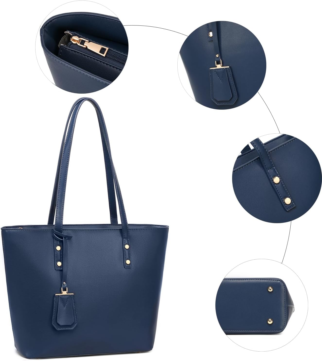 Thumbnail 4 de MORGLOVE Blue Faux Leather Large Tote Bag with Zip, 42.5 x 28.5 x 11 cm