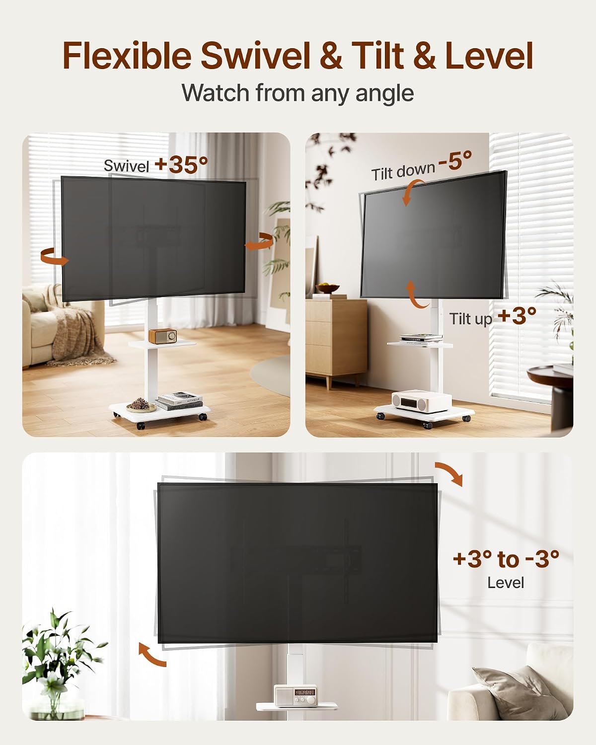 Thumbnail 2 de ECOTINY HW1275WH Rolling TV Stand, 32–75-Inch, Power Outlet, White