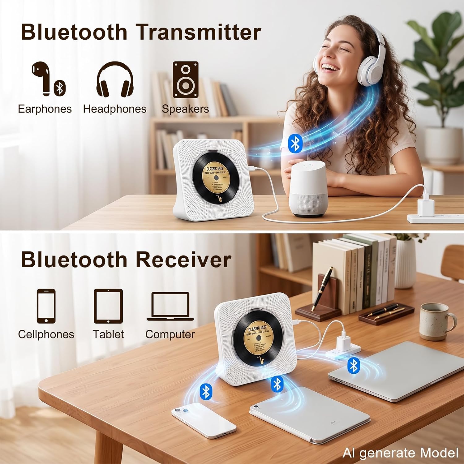 Thumbnail 2 de Gueray Portable CD Player with Bluetooth: Desktop Hi‑Fi CD Player with Built-In Dual Speakers