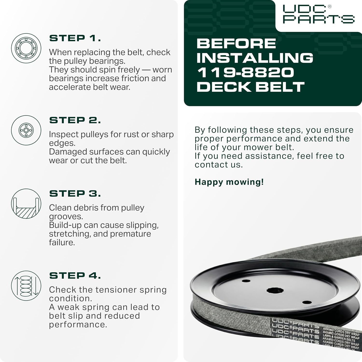 Detalle 2 de UDC Parts 119-8820 Deck Belt Replacement (141.1 in) for Toro TimeCutter & Exmark Quest 50 in mowers