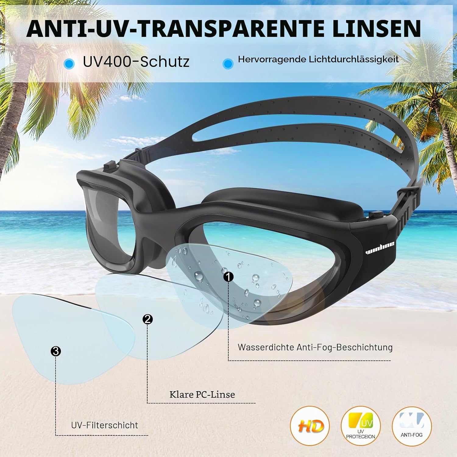Detalle 2 de Winline Schwimmbrille für Erwachsene & Jugendliche mit UV-Schutz, Anti-Beschlag und weichen Nasenstegen
