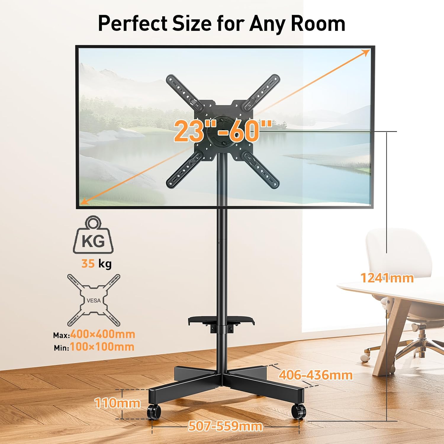 Detalle de ELIVED EV2114B Mobile TV Stand on Wheels for 23–60 Inch Televisions