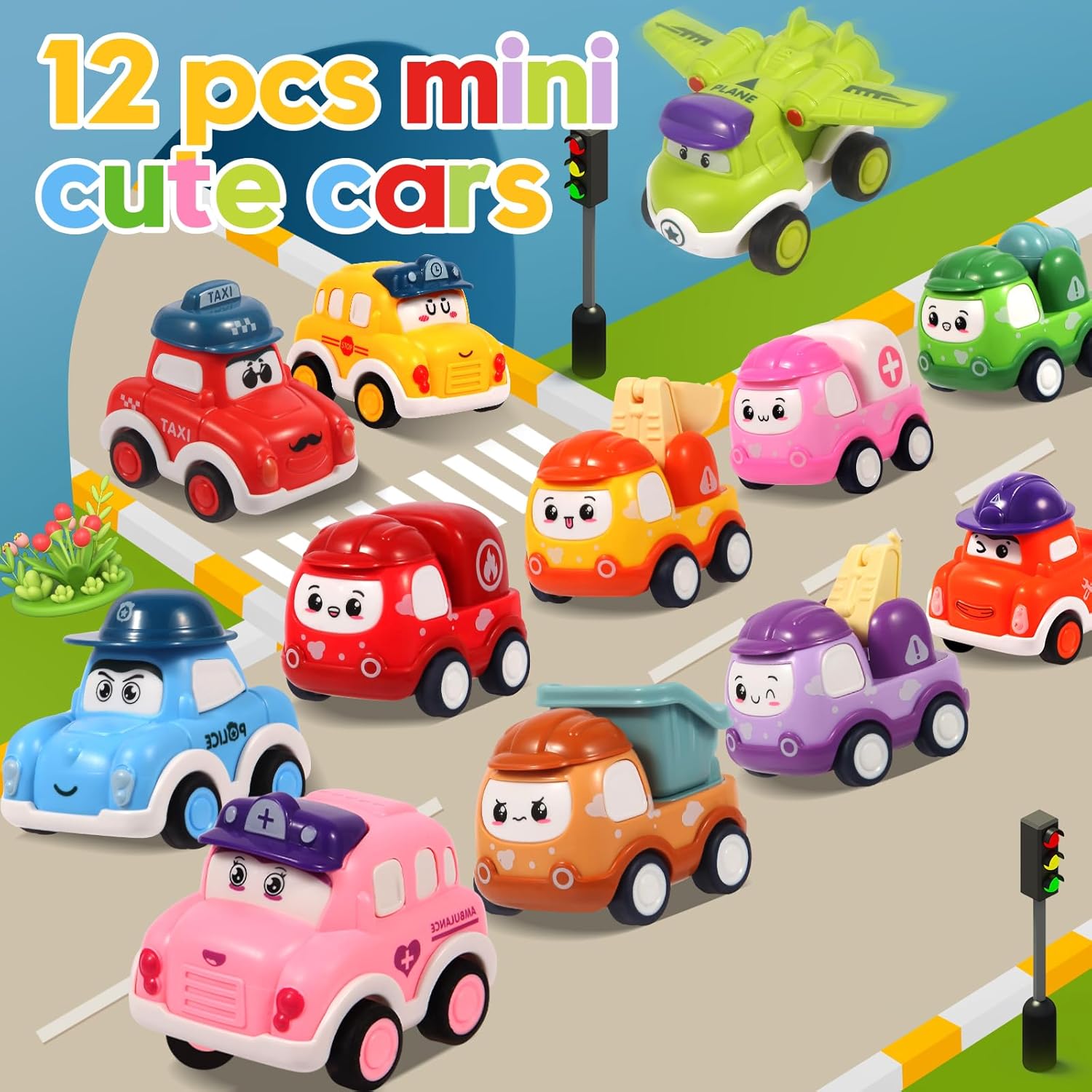 Detalle 2 de 12-Piece Pull-Back Car Set for Toddlers (Ages 12–36 Months) — Bright Construction & Racing Vehicle Toys