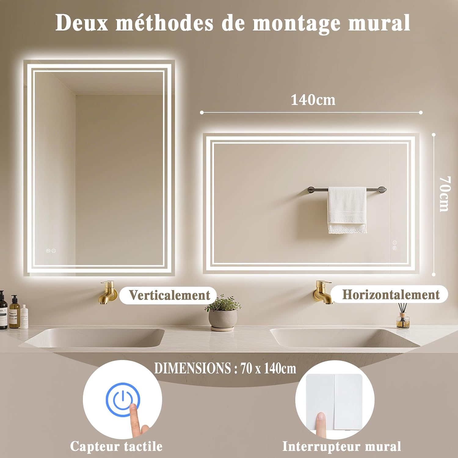 Detalle de Badspiegel mit Beleuchtung 140x70 cm – LED Spiegel mit Antibeschlag, Touch-Sensor & Dimmer