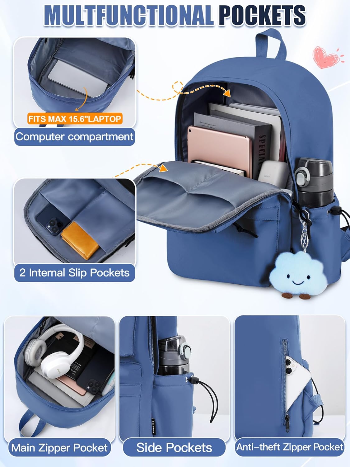 Detalle 2 de FIORETTO Backpack Womens School Bag: Lightweight, Water-Resistant, 15.6" Laptop Ready