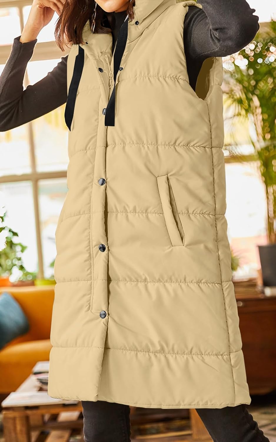 Detalle 2 de Grlasen Women's Long Quilted Puffer Vest with Hood, Pockets and Drawstring
