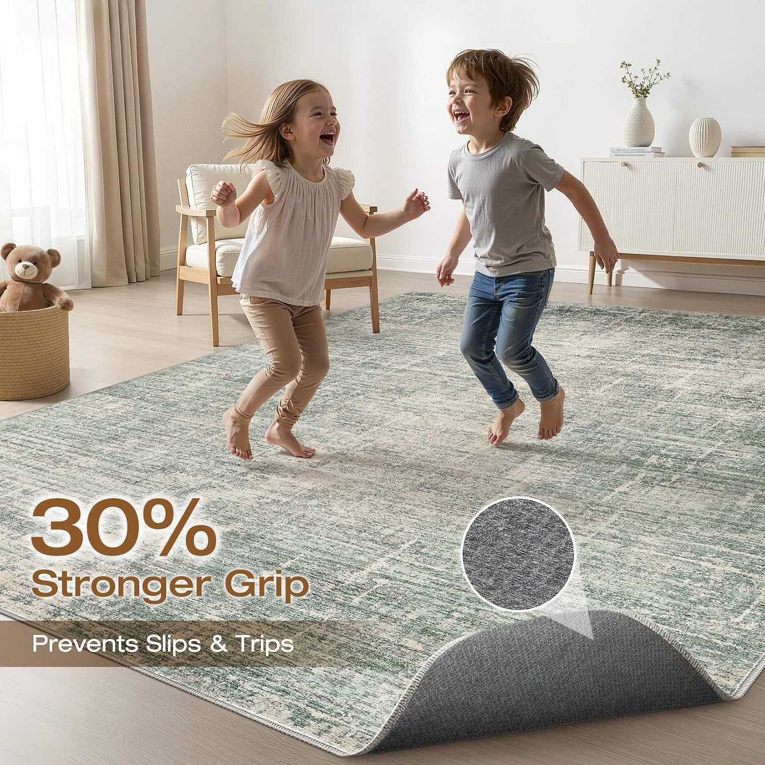 Thumbnail 2 de 7x9 Area Rug Living Room: Washable Large Neutral Green Abstract Rug