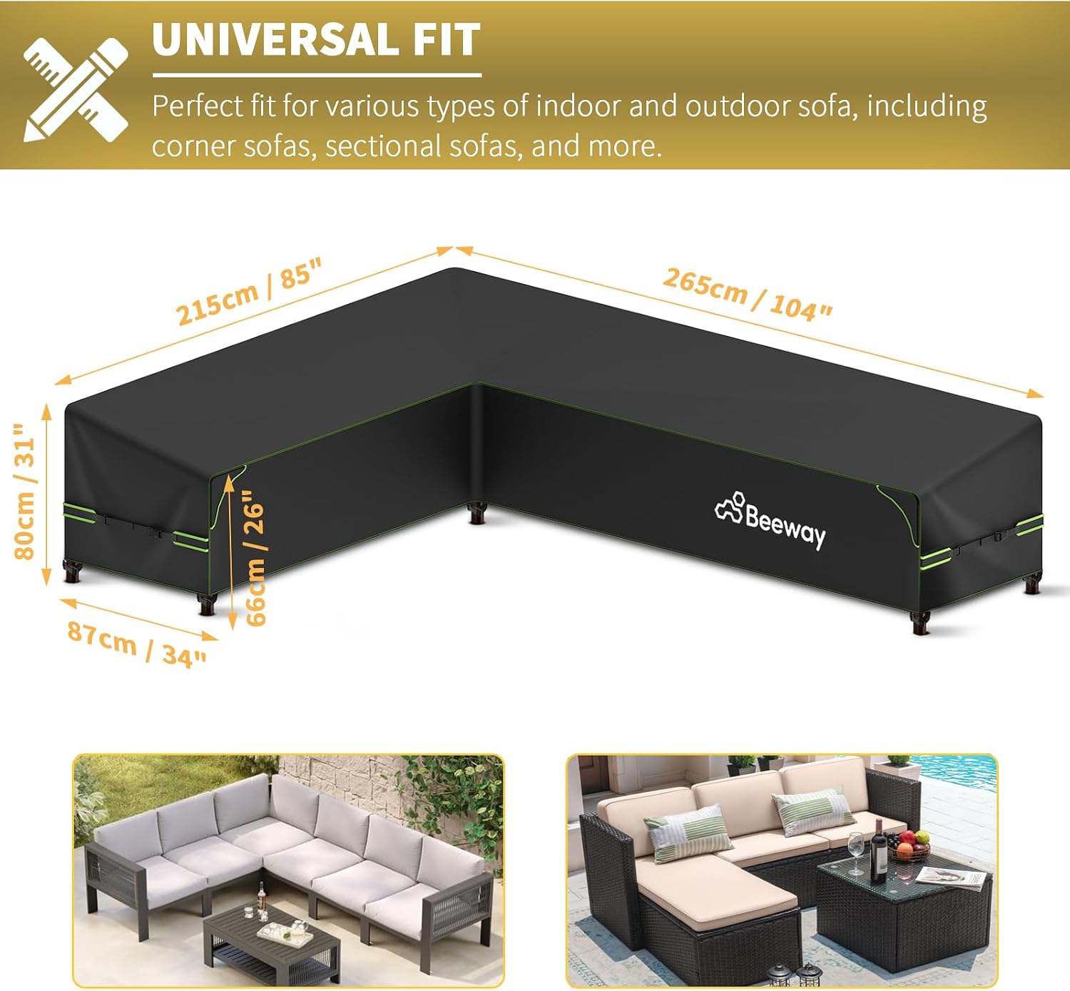 Detalle de BEEWAY L-Shape Garden Furniture Cover with Air Vents and Windproof Design (420D Oxford) for Corner Sofas