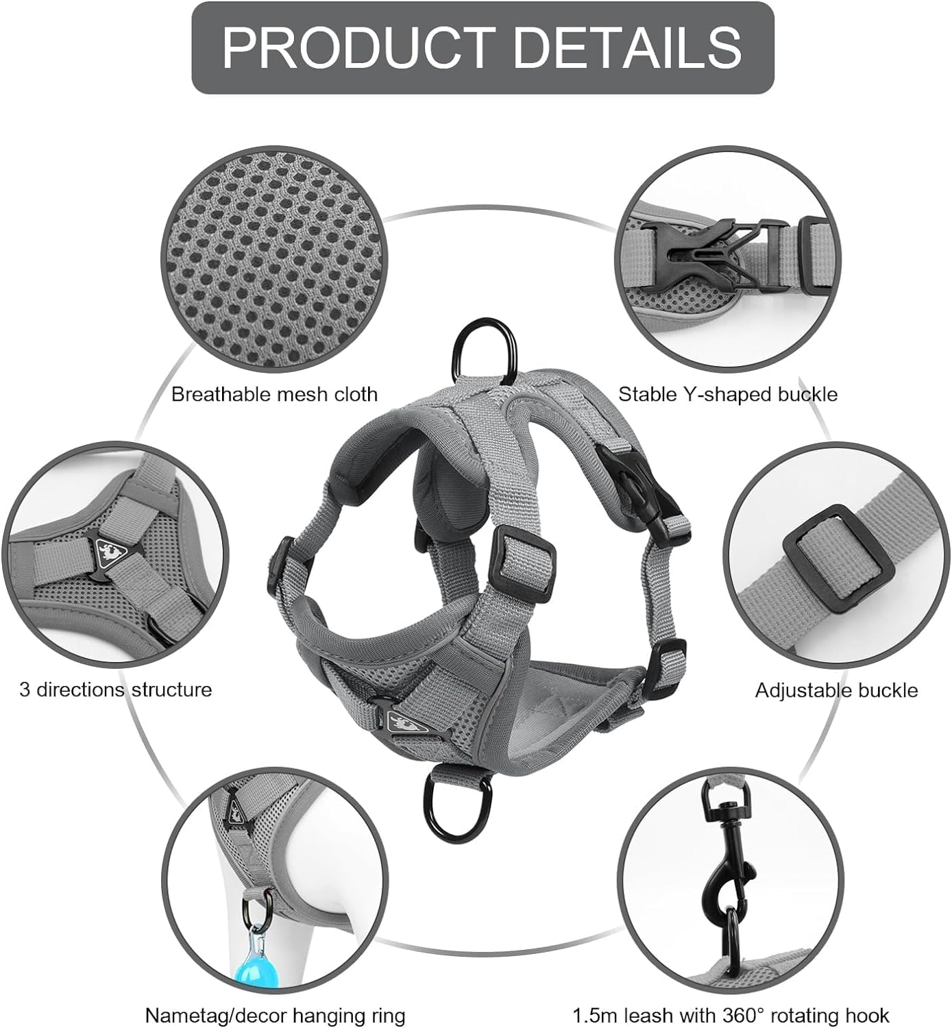 Detalle de skmeditec SKCA-CDHarness-Gray-S Cat Harness and Leash Set with Reflective Mesh Vest