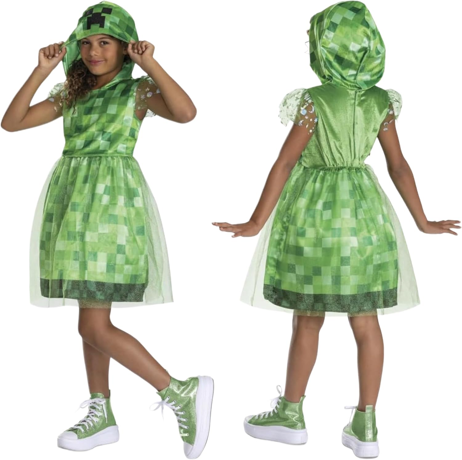 Detalle de Minecraft Creeper verkleedjurk met capuchon, pixelprint en meshdetails