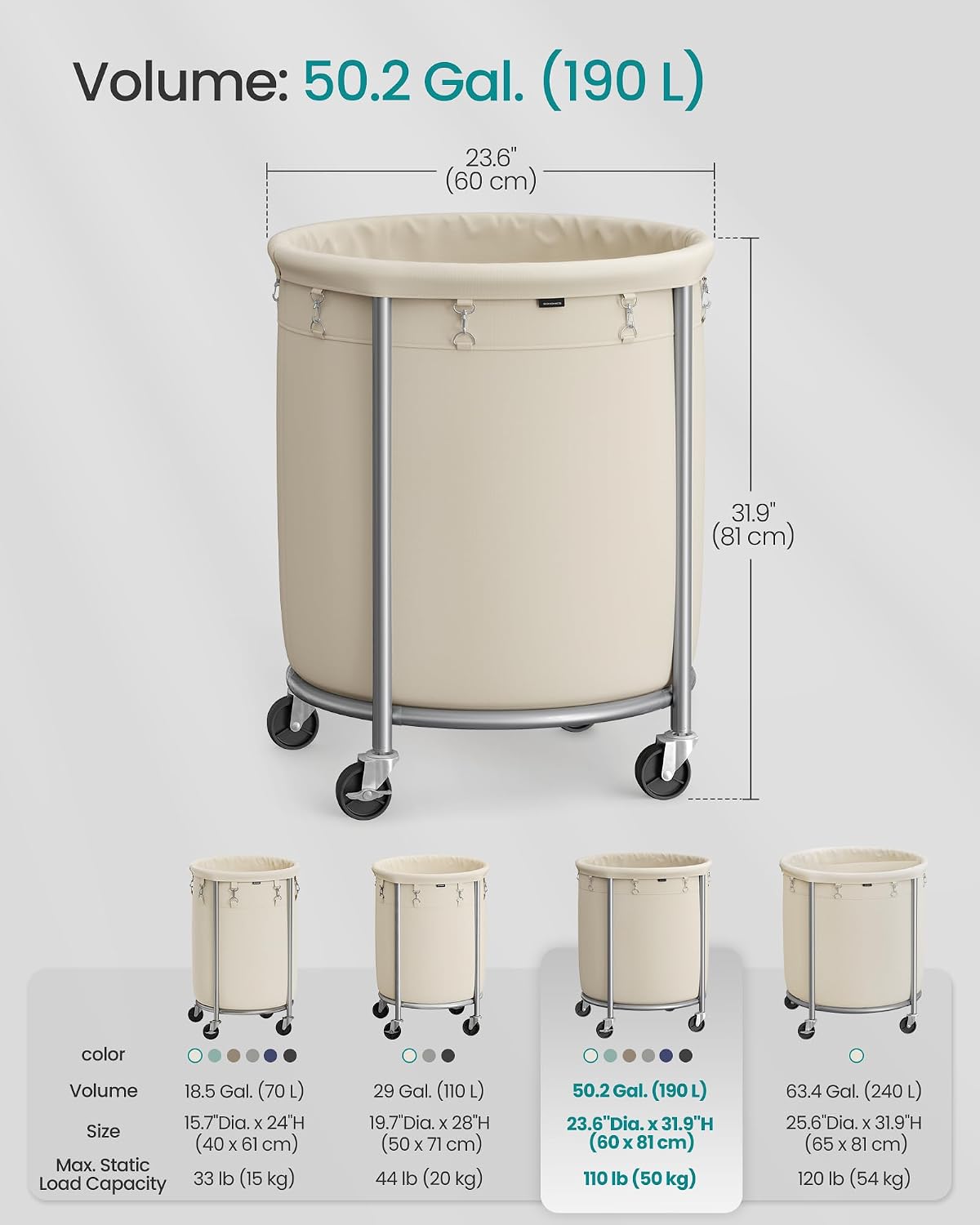 Thumbnail 6 de SONGMICS Rolling Laundry Hamper 190L