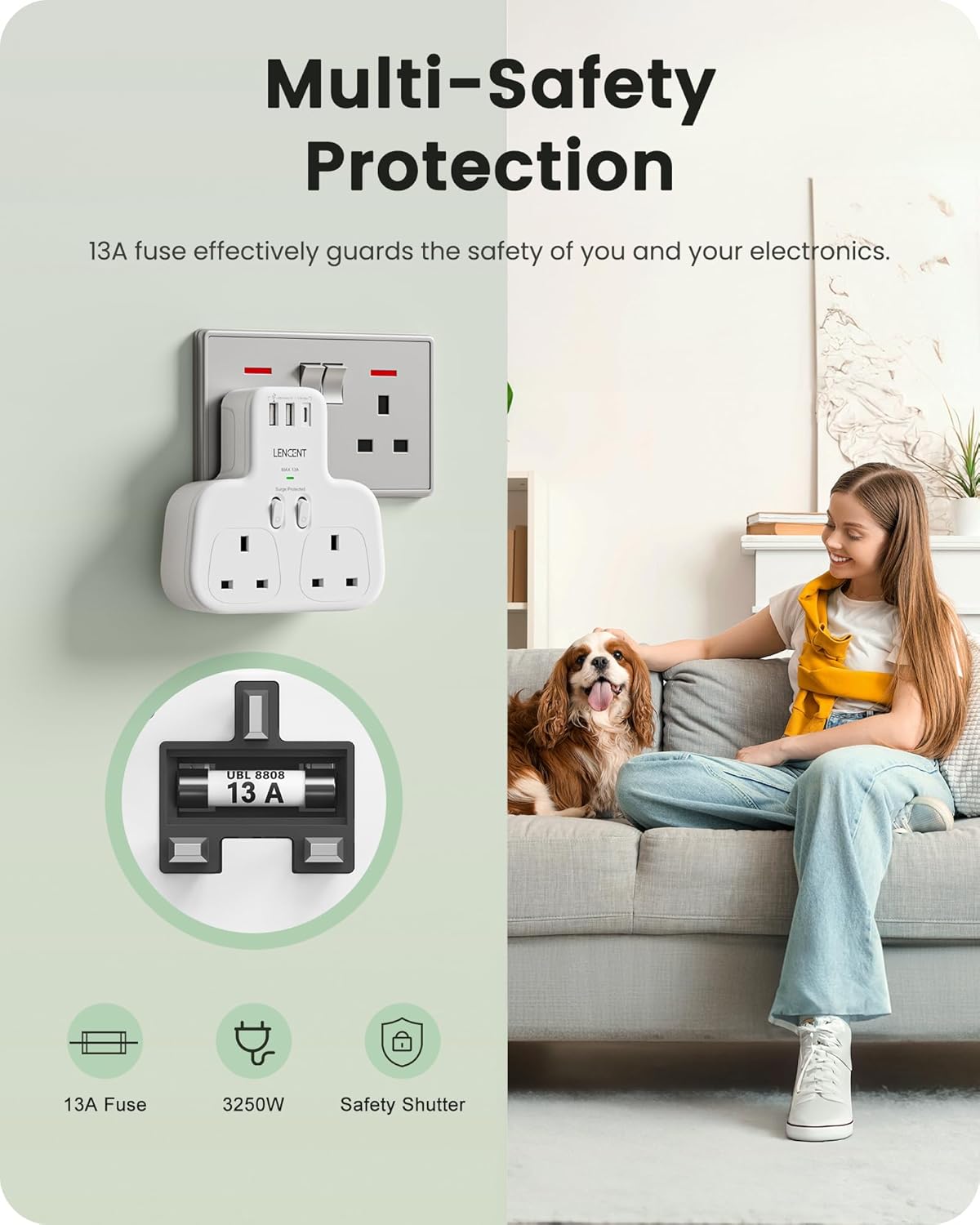 Thumbnail 4 de LENCENT Double Plug Adaptor 13A surge protected 🔌