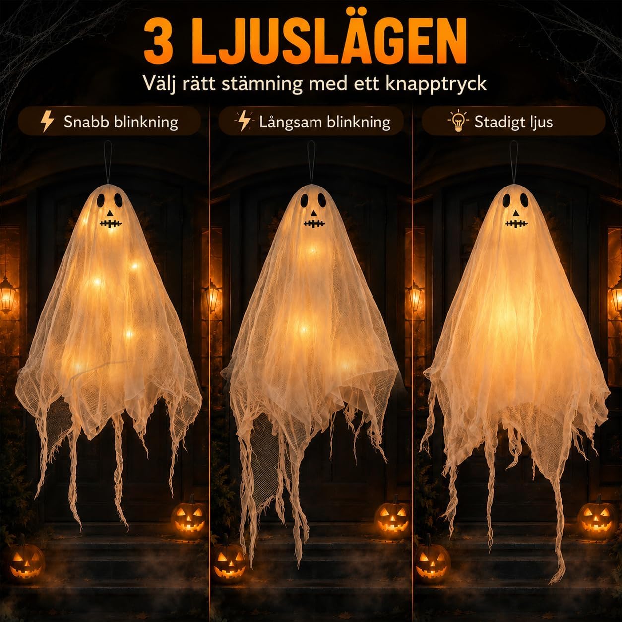 Thumbnail 6 de ShadowRealmTech 067 – hängande Halloween-spöken med varmvit LED och tre ljuslägen