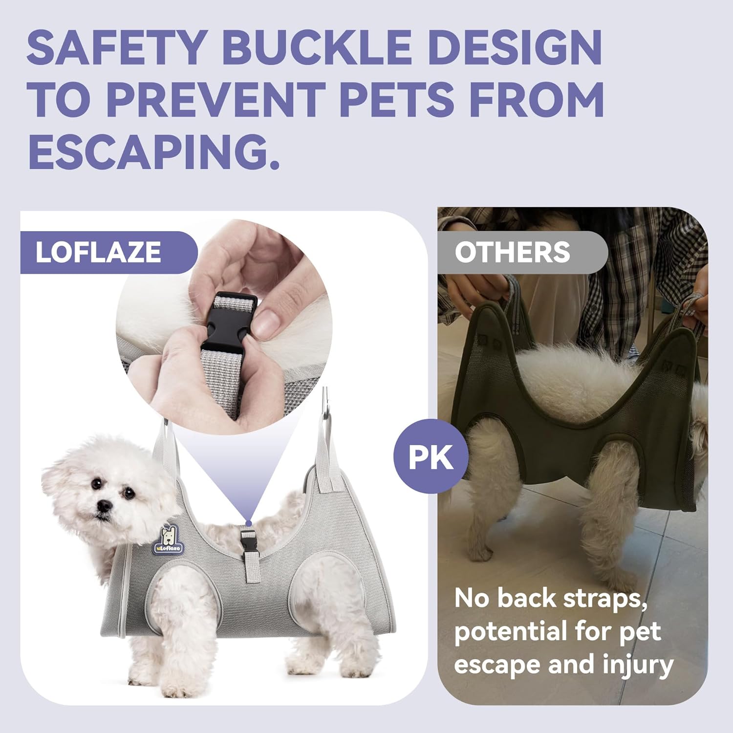 Detalle 2 de Loflaze 犬・猫用グルーミングハンモックハーネス XL パープル、爪切りキット・櫛付き