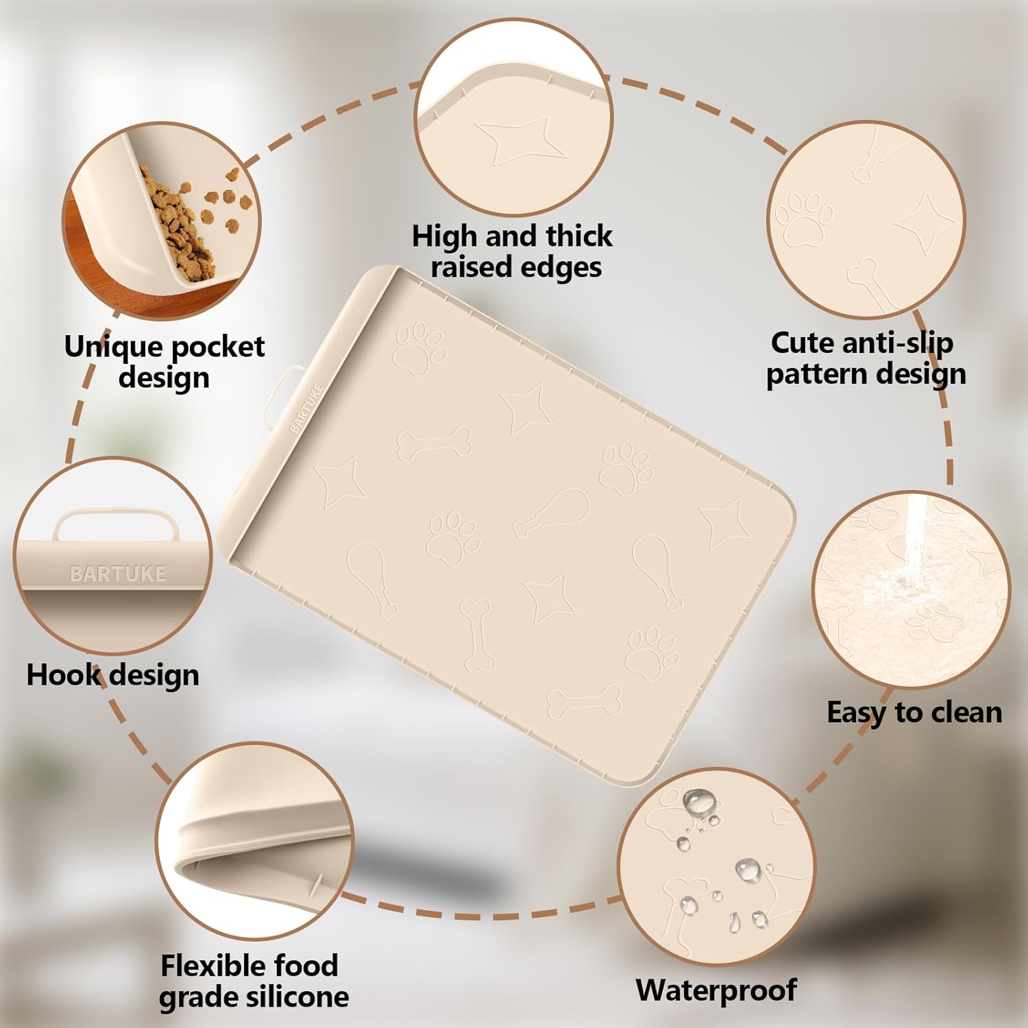 Thumbnail 4 de Bartuke Hundefutter Matte mit Aufbewahrungstasche – Groß, Silikon, beige, 106 x 71 cm