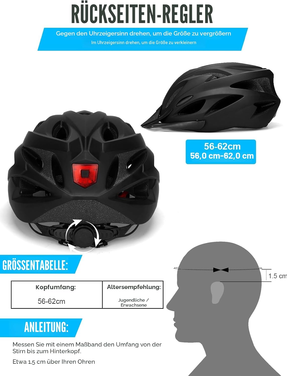 Detalle de Fahrradhelm Erwachsene mit LED-Licht – Cityhelm Urban verstellbar 57–62 cm (PC-Schale/EPS) für Damen & Herren