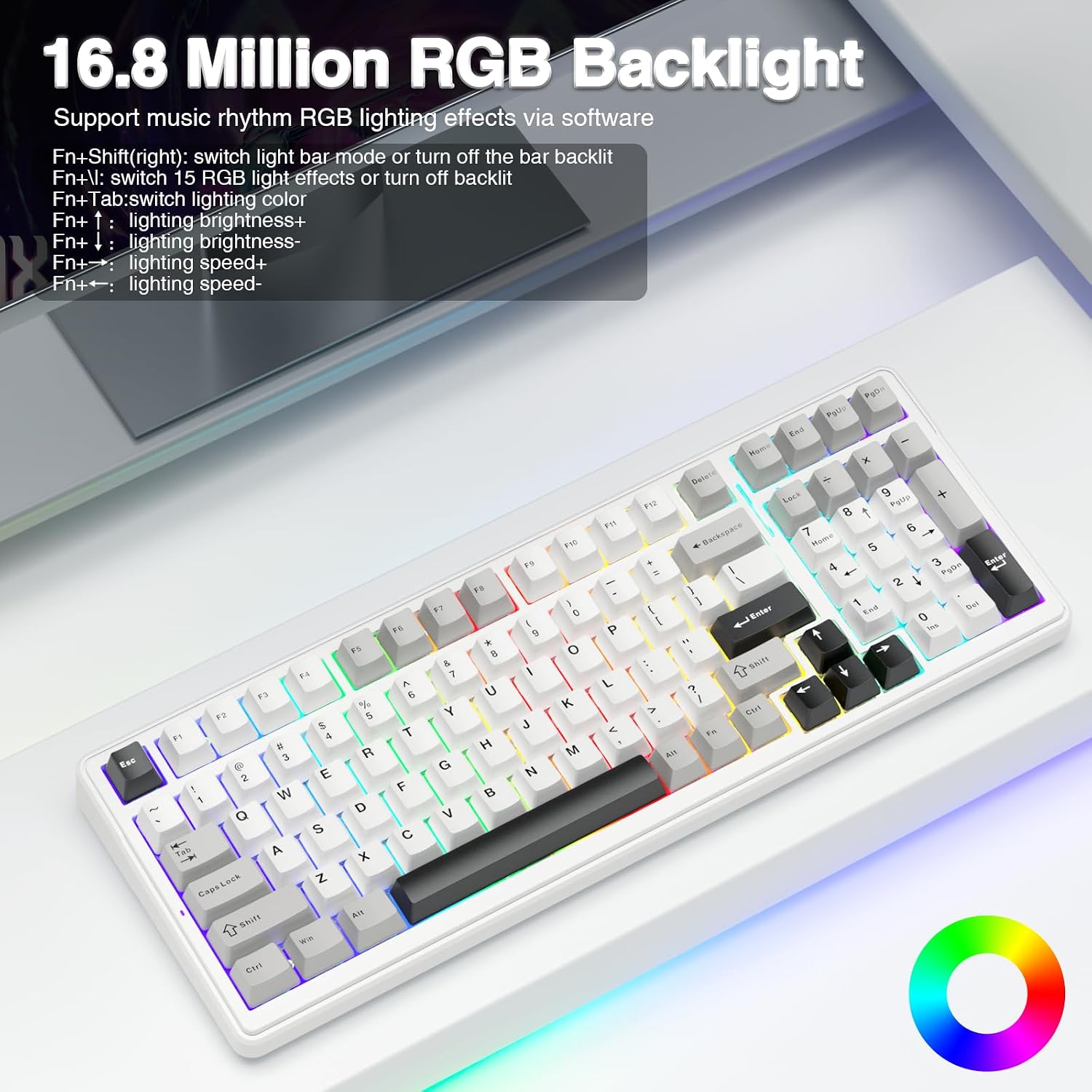 Thumbnail 6 de AULA F99 mechanical gaming keyboard (BT5.0/2.4GHz/USB-C, hot-swappable, RGB wireless) – Grey & white