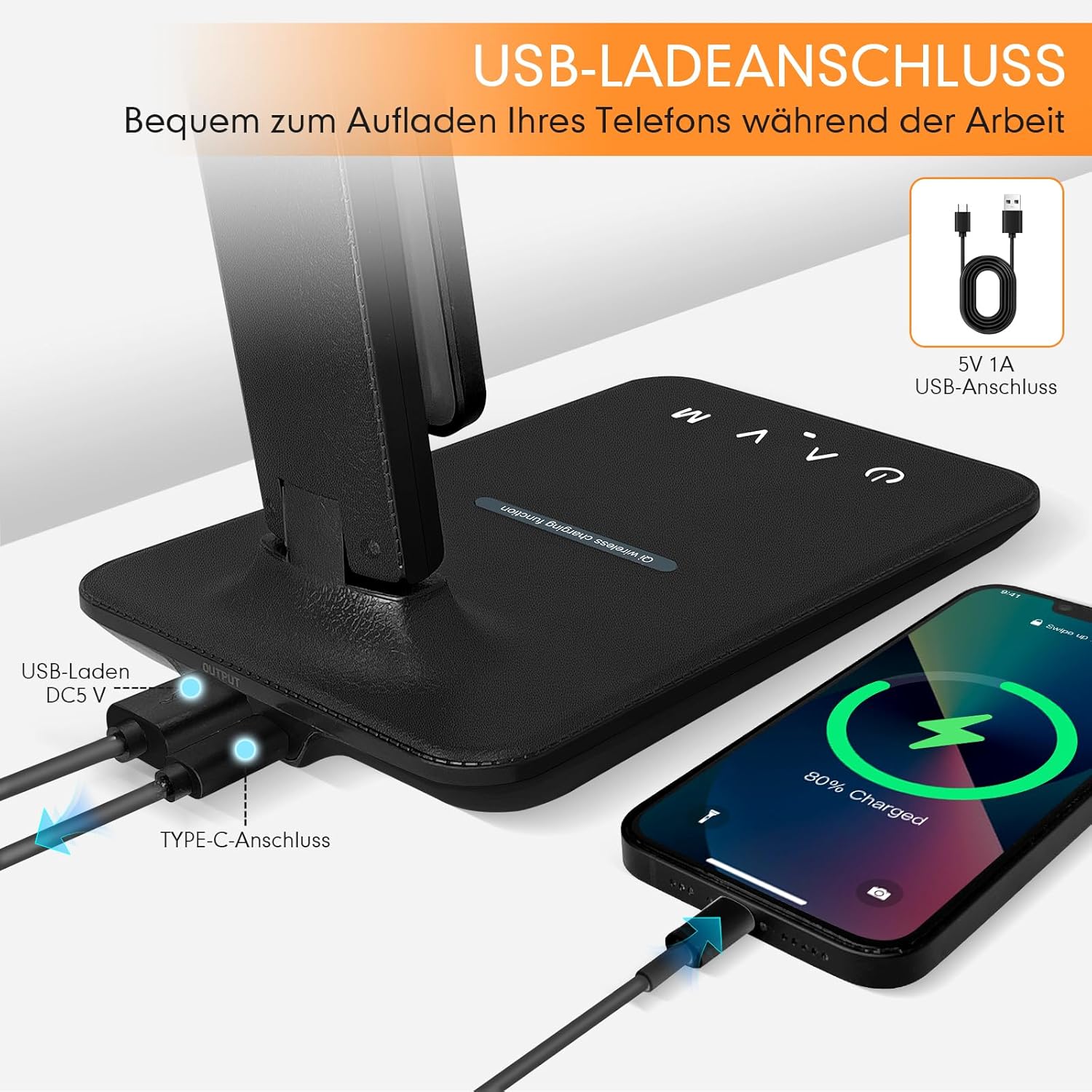 Thumbnail 4 de Jumoking Schreibtischlampe LED Dimmbar Augenschutz – 5 Farbmodi, 5 Helligkeitsstufen, USB Ladefunktion, Touchsteuerung (Black Pro)