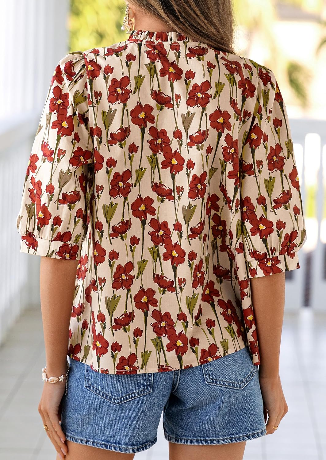 Detalle 2 de PRETTYGARDEN Women's 2026 Summer Floral Blouse: Boho-Chic, Dressy-Casual Half Sleeve V-Neck Top