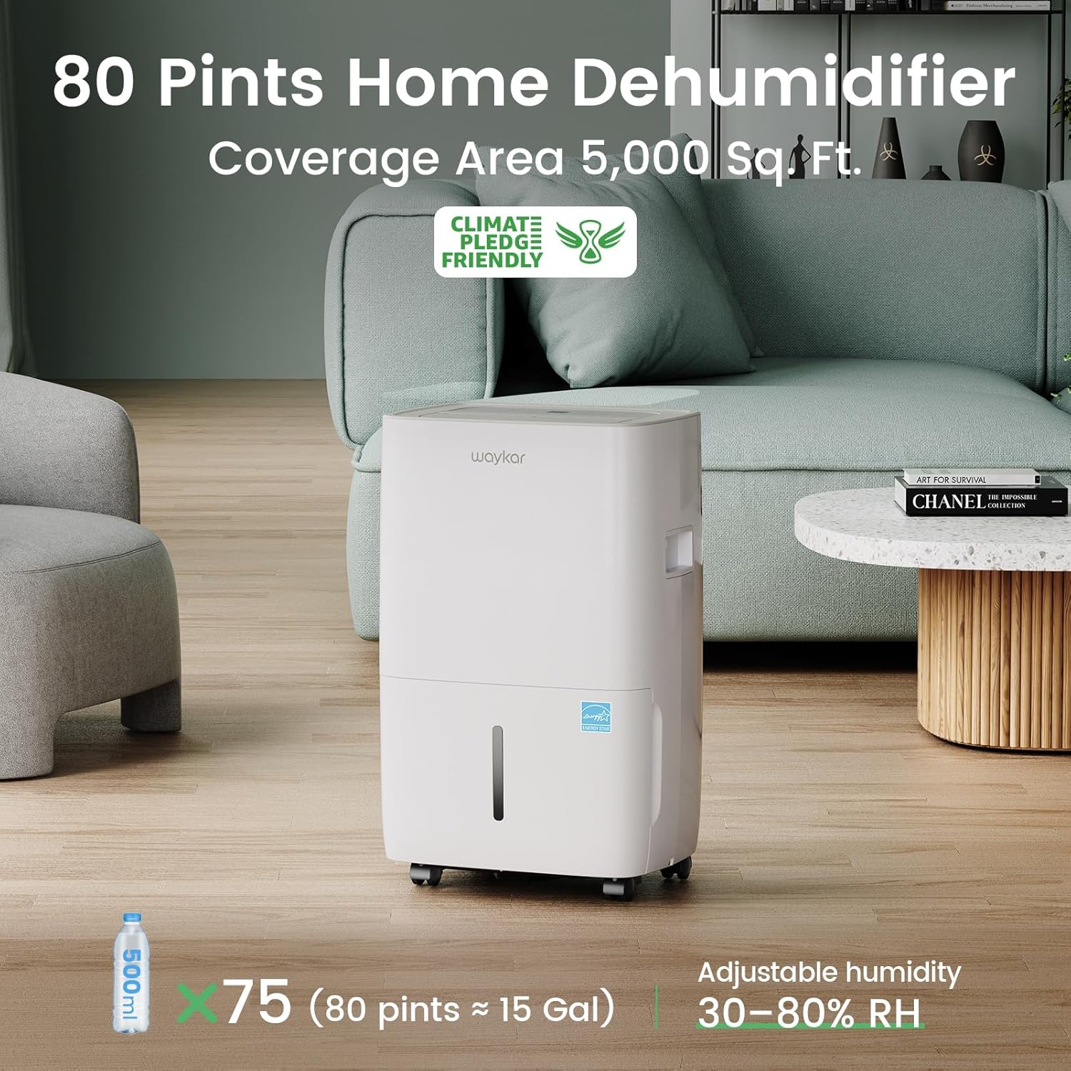 Detalle 2 de Waykar JD025CE-80 Dehumidifier, 80 Pints, 5,000 Sq. Ft., ENERGY STAR