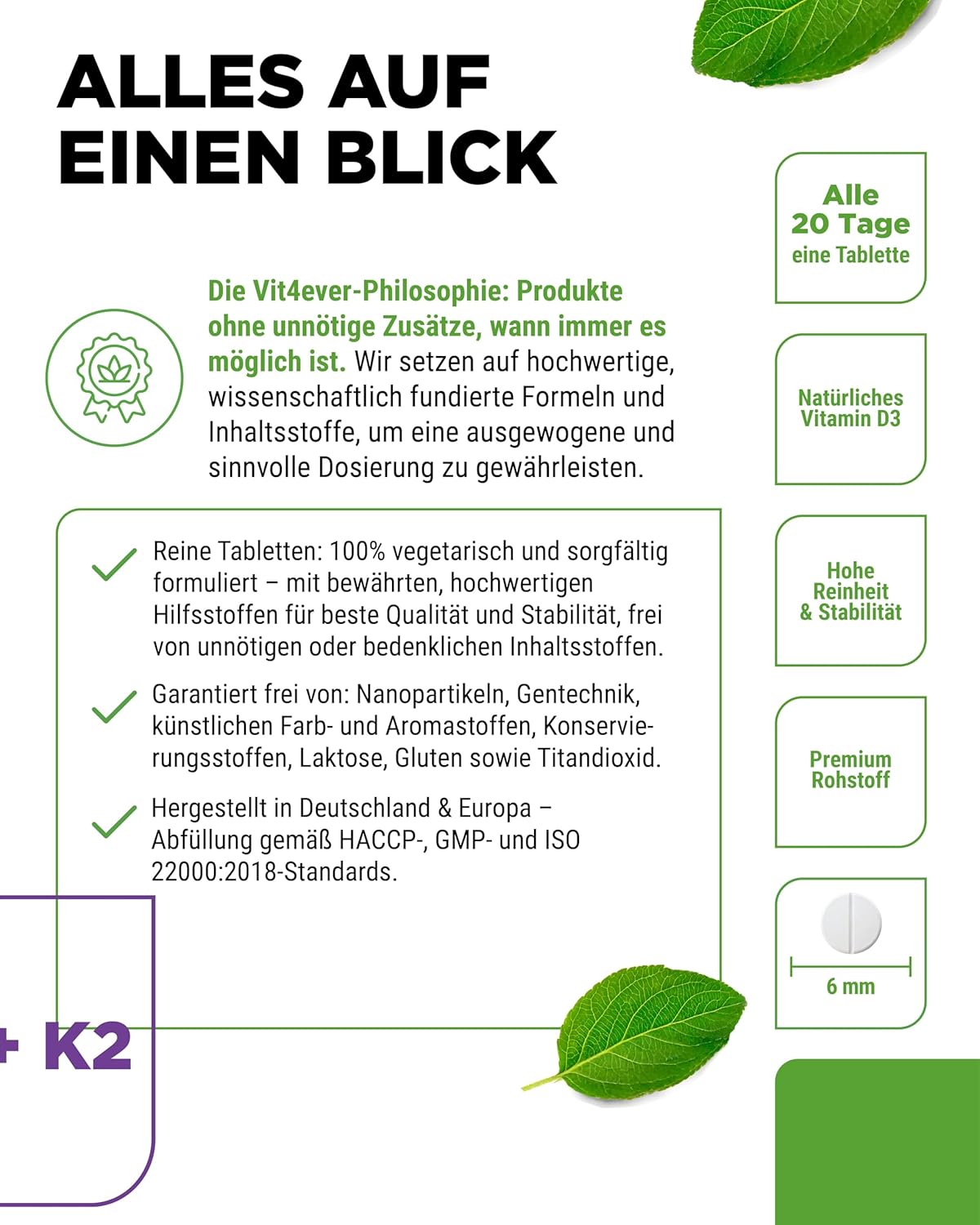Thumbnail 4 de vit4ever Vitamin D3 20.000 I.E + Vitamin K2 200 µg MK7 Depot 100 Tabletten