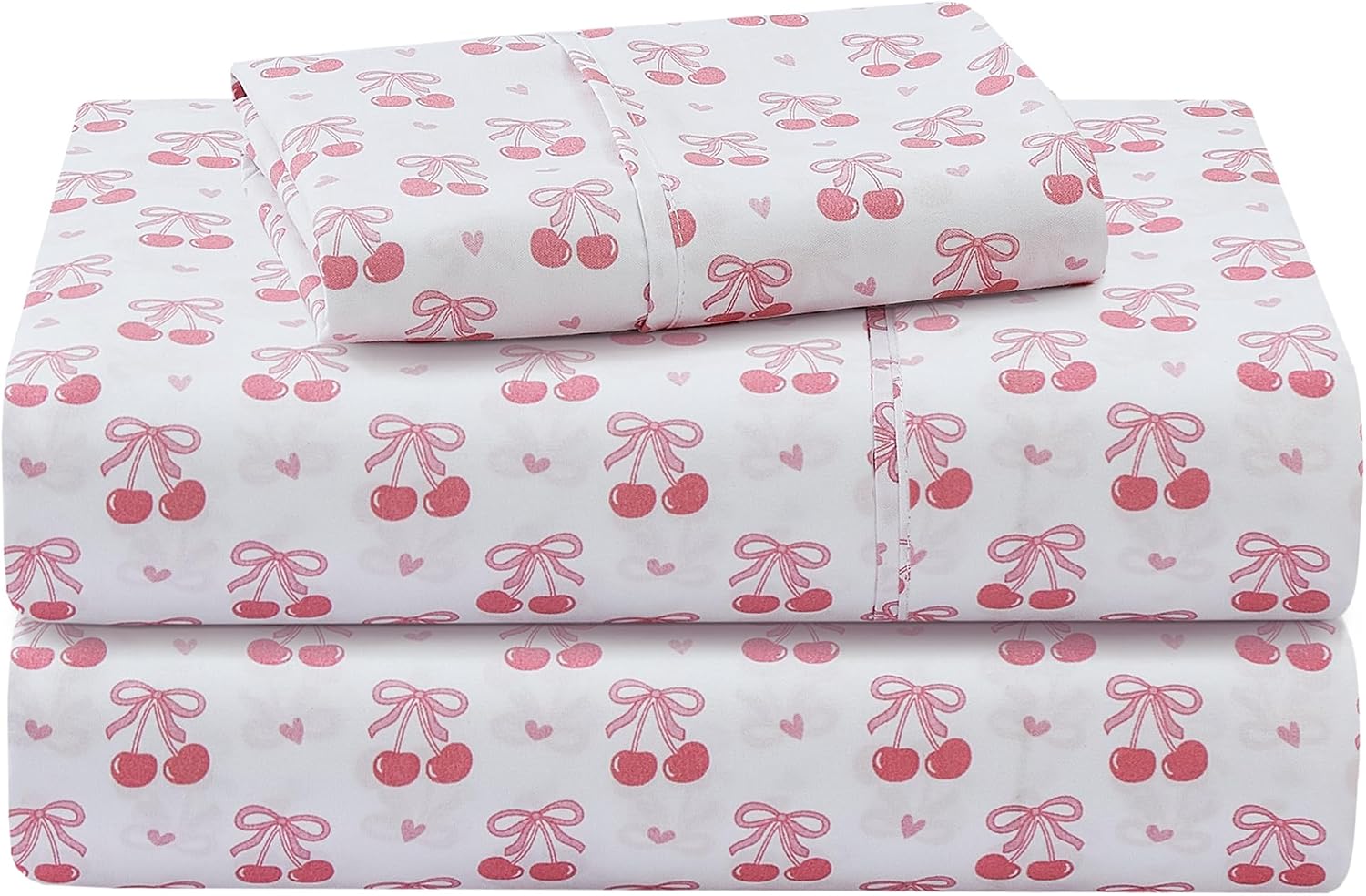 Detalle de Viviland Full Sheet Set for Girls, Pink Cherry Bow Microfibre, 4-Piece