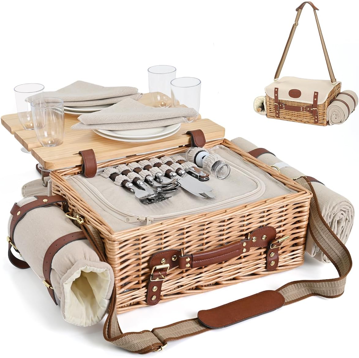 Detalle de SatisInside Versatile picnic set for 4- natural 4人用柳編みピクニックバスケット、断熱仕様・テーブル付き