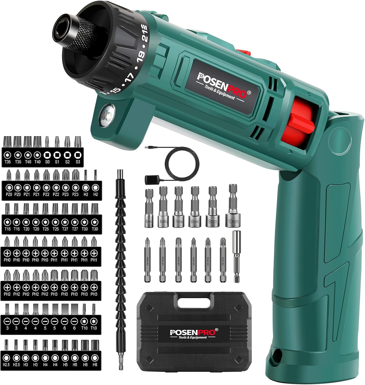 Detalle de POSENPRO PCCS54GV - 2 accuschroevendraaier, 8 V, 10 Nm en 82 accessoires