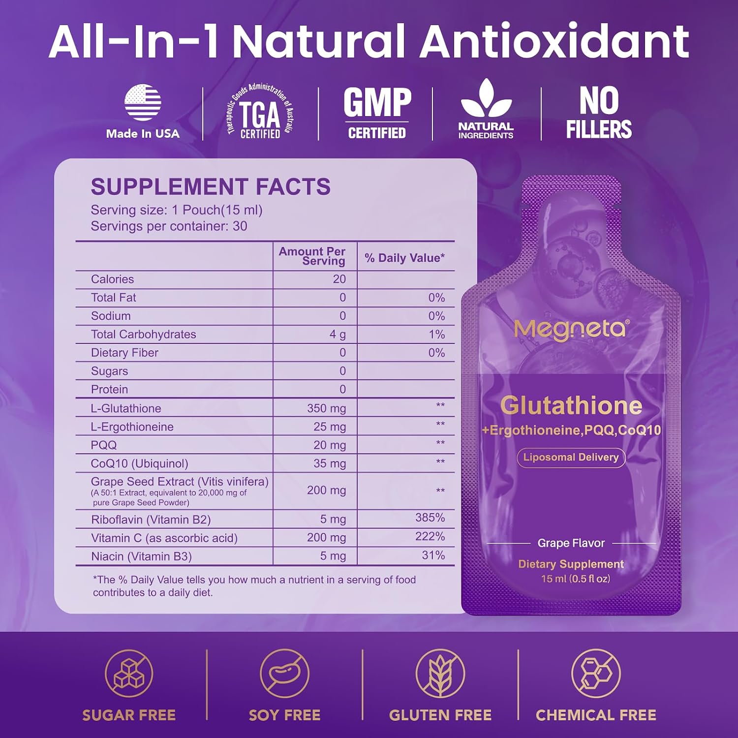 Detalle de Megneta Liposomal Glutathione Supplement, 350 mg with PQQ, CoQ10 & Vitamin C