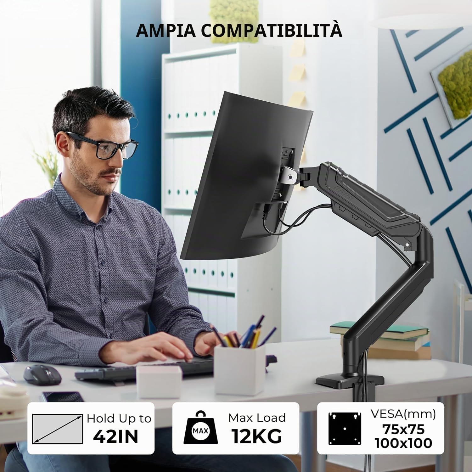 Thumbnail 2 de BONTEC Supporto Monitor da Scrivania 15–34": braccio a gas, gestione cavi e VESA 75x75/100x100
