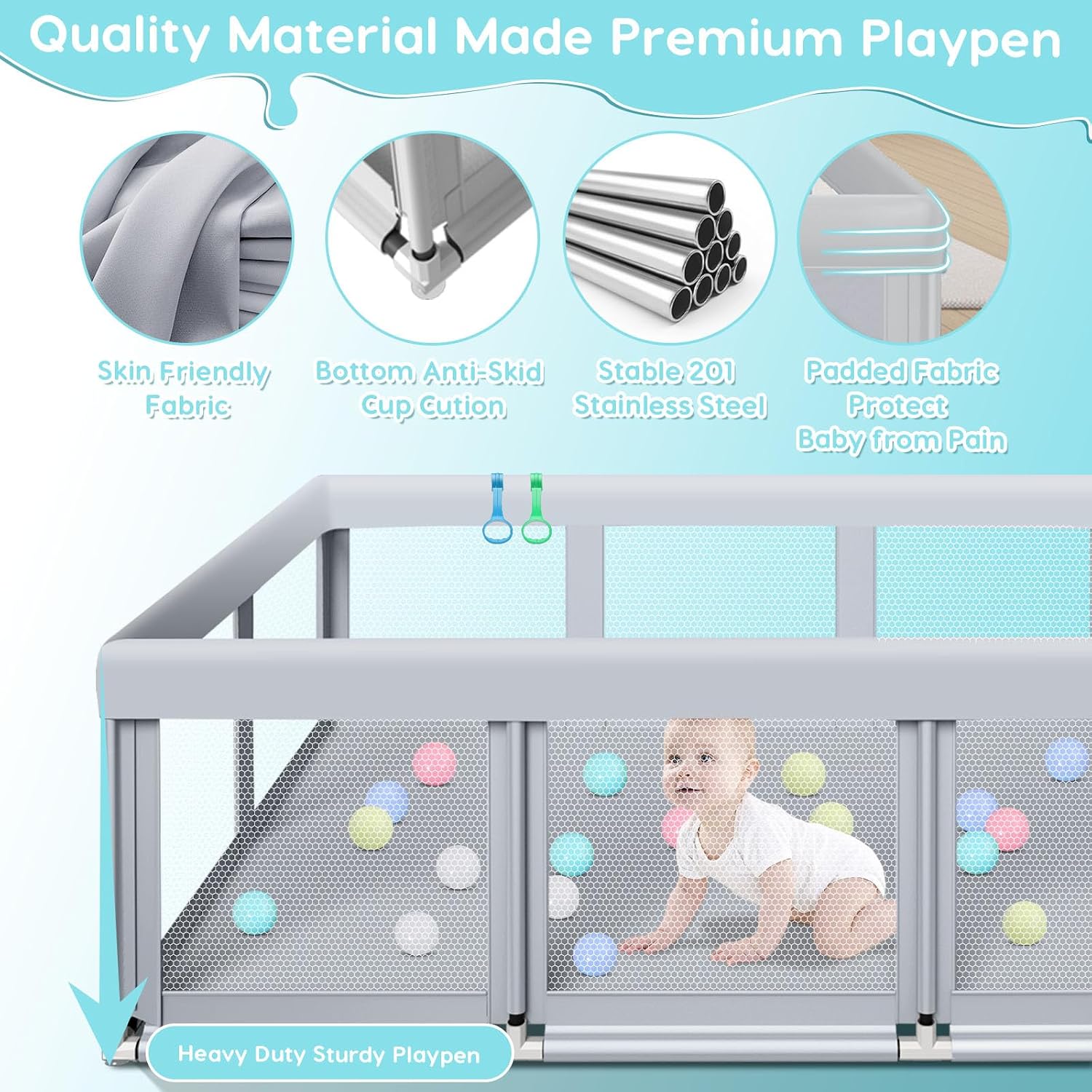 Thumbnail 6 de Fshibila 74" x 50" x 27" Large Baby Playpen with Mesh, 18 Balls & 2 Handles