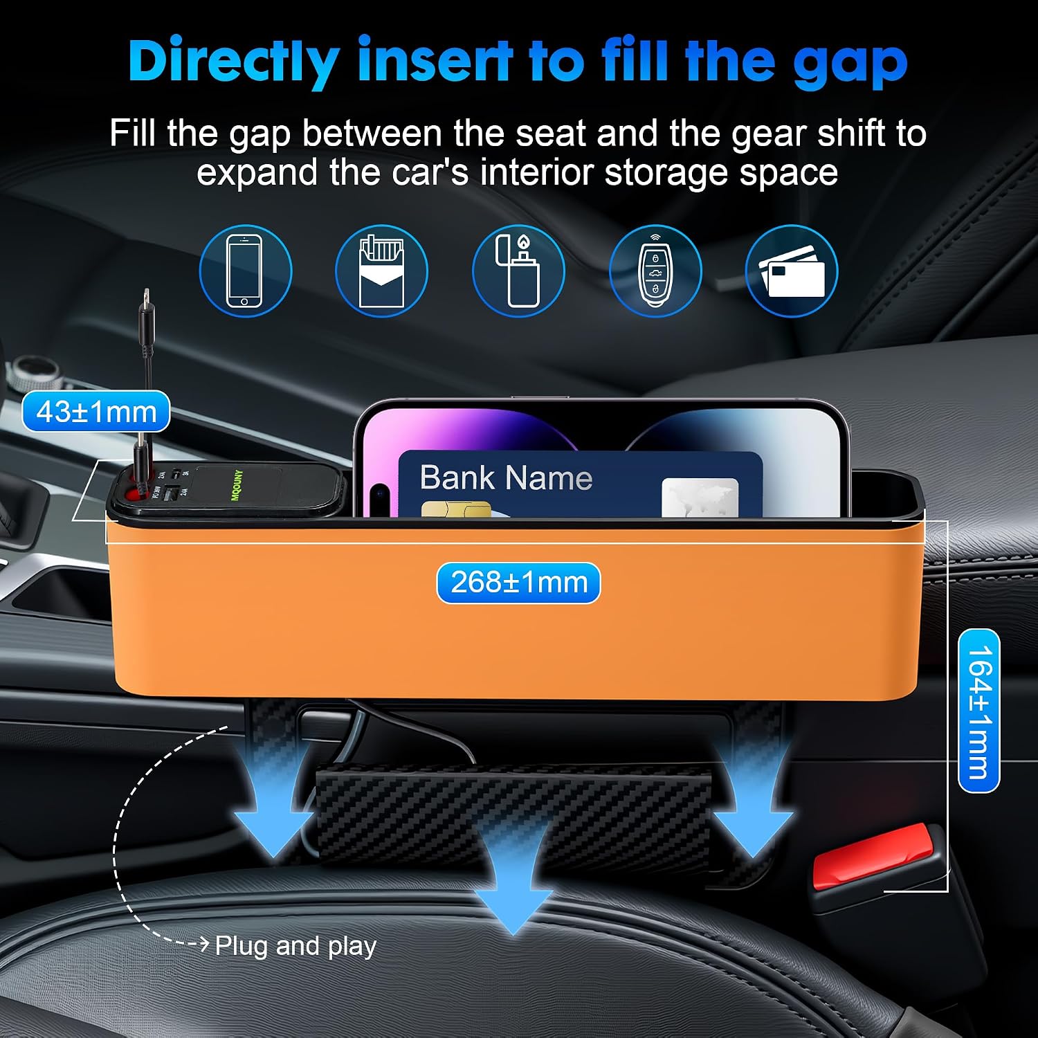 Detalle 2 de MQOUNY Car Seat Gap Filler with 36W Charger