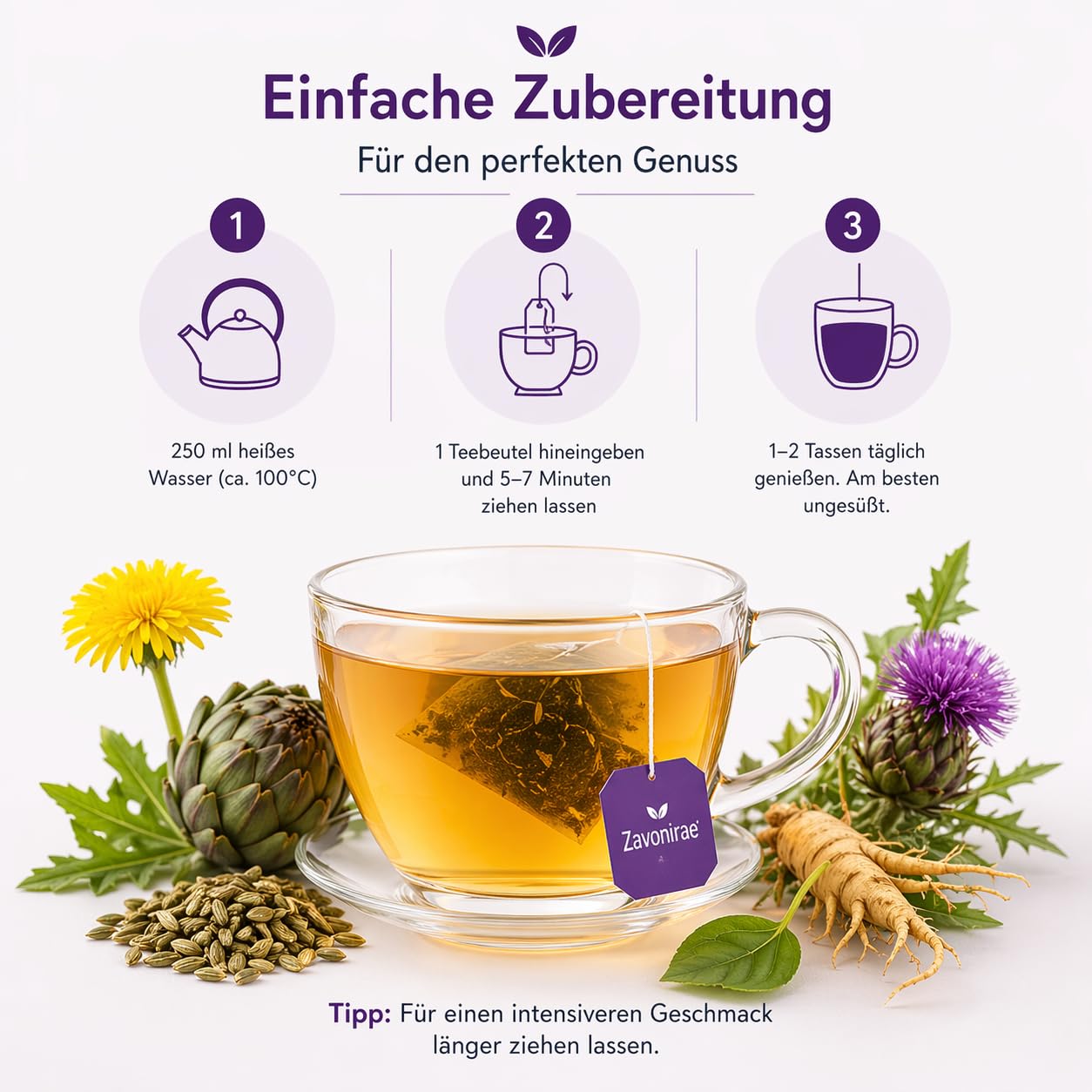 Detalle de Detox Tee zum Abnehmen – 28 Tage Kräutertee mit Leber-Komplex aus Mariendistel, Artischocke & Löwenzahn